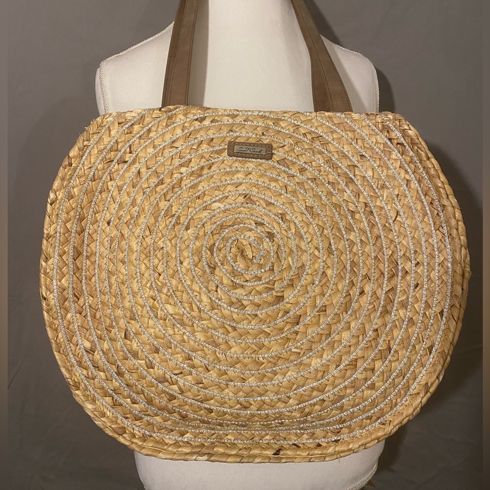 Sun N Sand Round Wicker Tote Bag Two Handles Inner Pockets